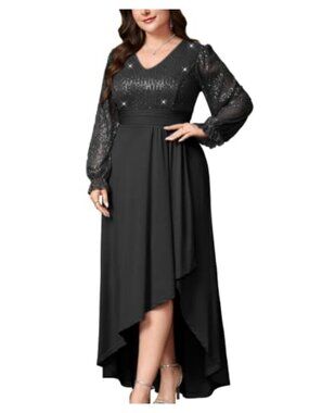 Plus Size Sequin Formal High Low Ruched A Line Long Sleeve Evening Gown